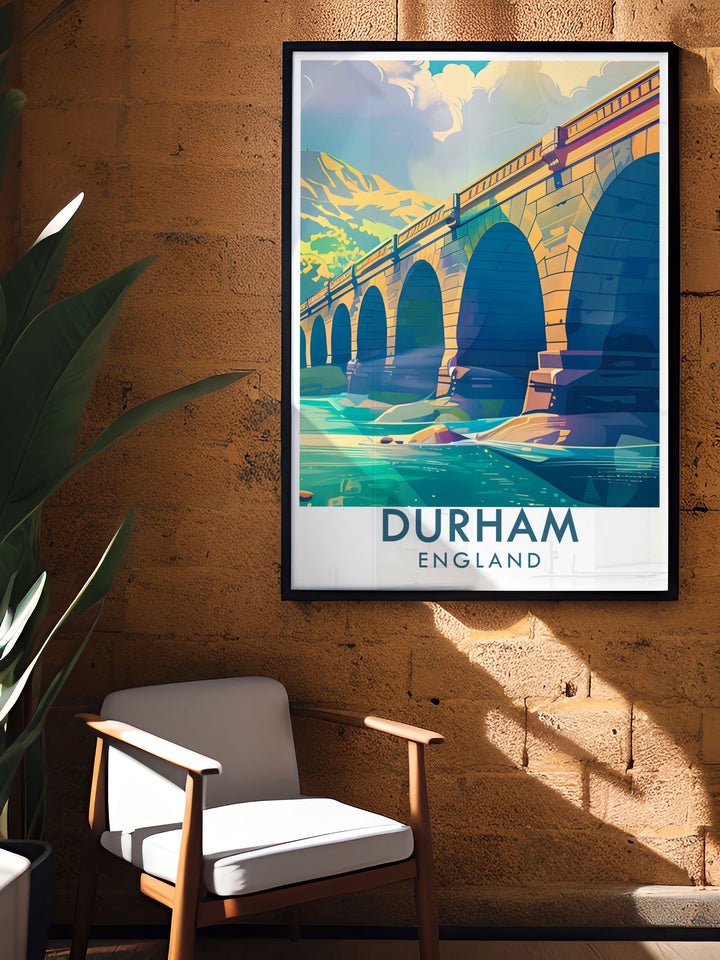 This Durham travel poster features the historic Prebends Bridge and its picturesque surroundings, making it an ideal piece for those who love exploring Englands scenic riversides.