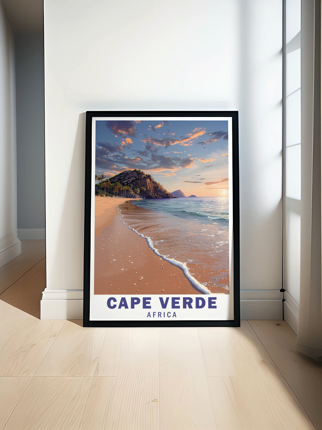 This vintage style Cape Verde poster captures the calm and inviting charm of Santa Maria Beach. The travel print offers a nostalgic look at the beachs breathtaking beauty, making it a wonderful addition for anyone who loves African travel destinations or coastal art.