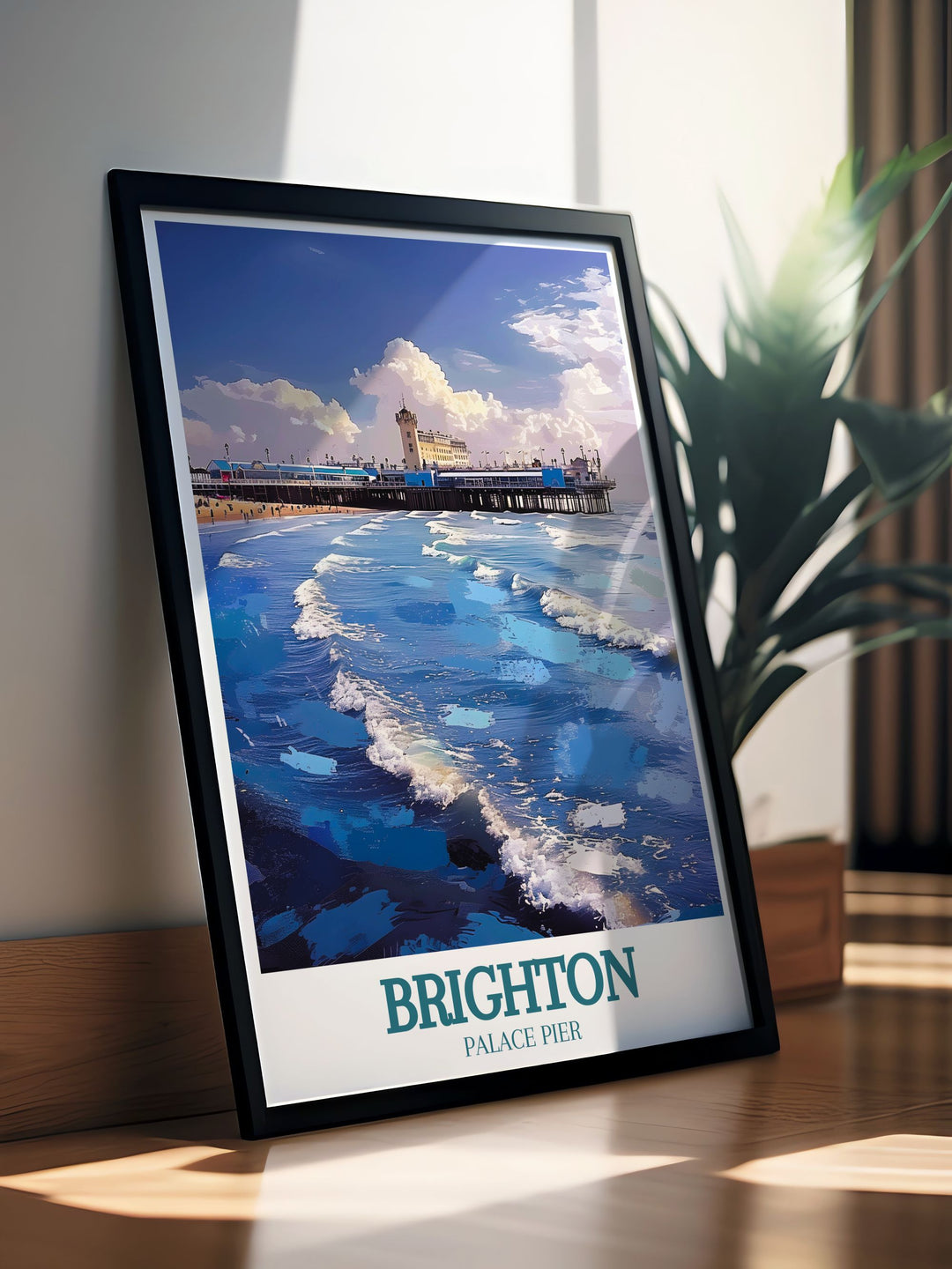 Art Deco print of Brighton Beach with the stunning English Channel in the background a beautiful retro travel poster that adds a touch of elegance and nostalgic charm to any interior space.