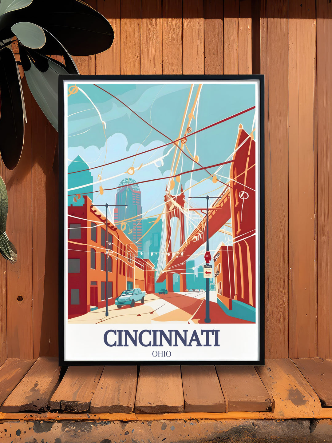 Detailed Cincinnati travel print featuring Roebling Suspension Bridge Roebling Point perfect for enhancing your living room office or bedroom with timeless artwork and sophisticated visuals
