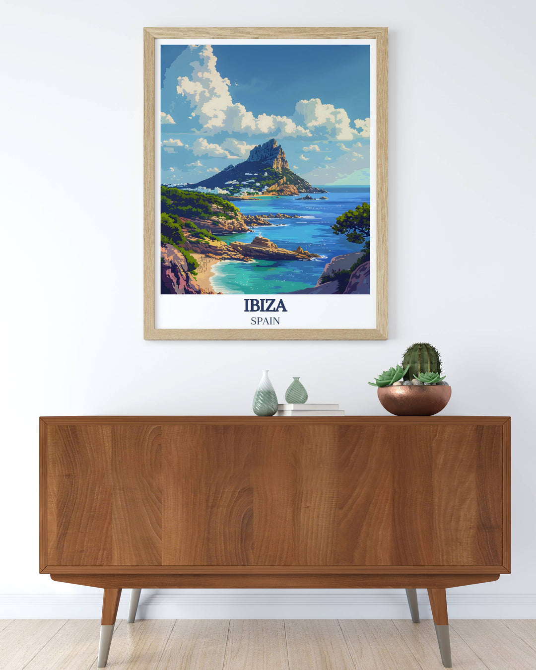 Framed Print featuring the energetic O Beach Club and the mystical Es Vedra Digital bringing the excitement of Ibizas nightlife and the tranquility of its famous landmark into your living space with vivid colors
