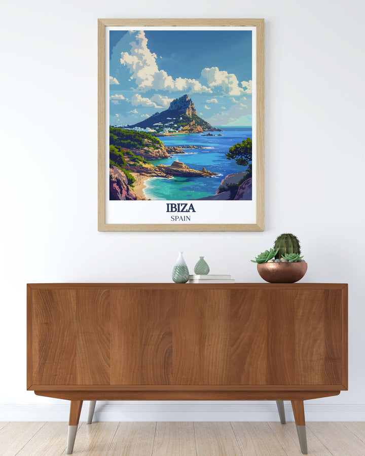 Framed Print featuring the energetic O Beach Club and the mystical Es Vedra Digital bringing the excitement of Ibizas nightlife and the tranquility of its famous landmark into your living space with vivid colors