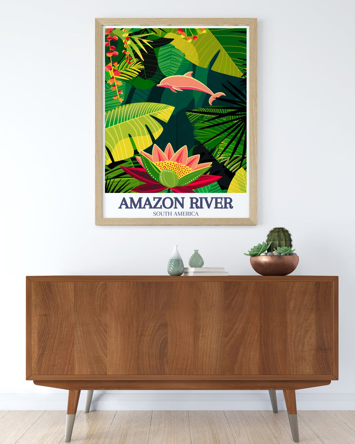 Enhance your home decor with the Victoria Regia water lily, Amazon river dolphin artwork. This travel poster print brings the exotic elegance of the Amazon into your living space, creating a captivating focal point with its intricate details and vibrant colors.