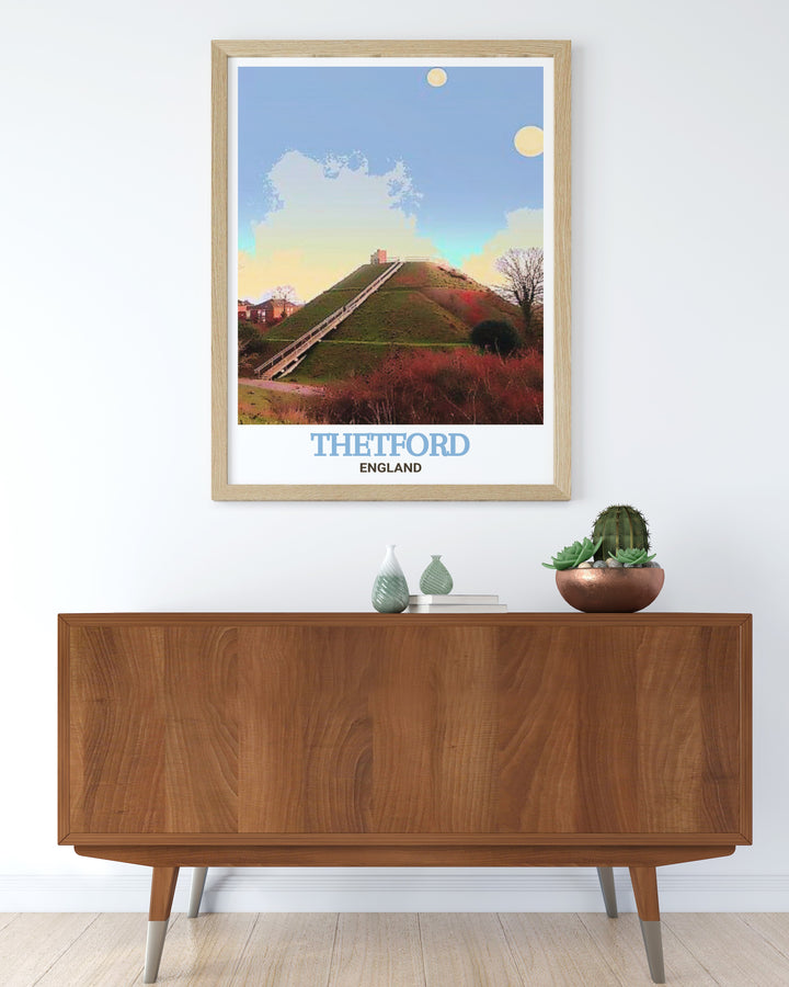 Adorn your walls with the beauty of Thetford through this wall print featuring Castle Hill, a landmark steeped in English history. This artwork is ideal for those who appreciate the timeless charm of the UKs historic sites and wish to incorporate it into their decor