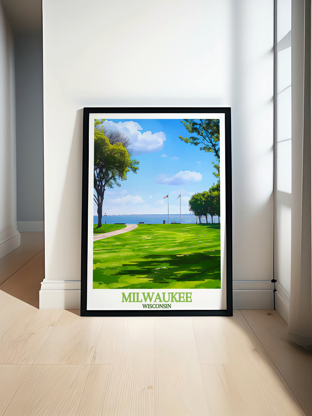 Veterans Park modern print featuring scenic views of lush greenery and tranquil lake perfect for adding a touch of nature to stylish home decor and creating a serene atmosphere in living spaces