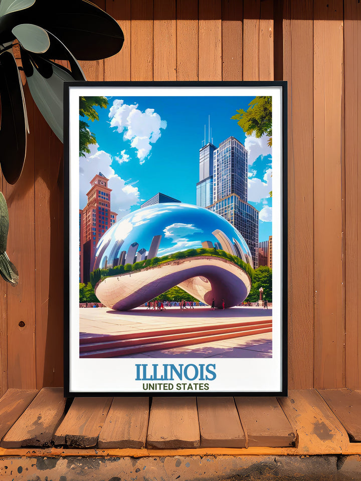 Featuring Chicagos famous skyline and Millennium Park, this Illinois wall art poster brings the citys vibrant culture to your walls. With stunning colors and detailed architecture, its perfect for adding a touch of urban elegance to your space.