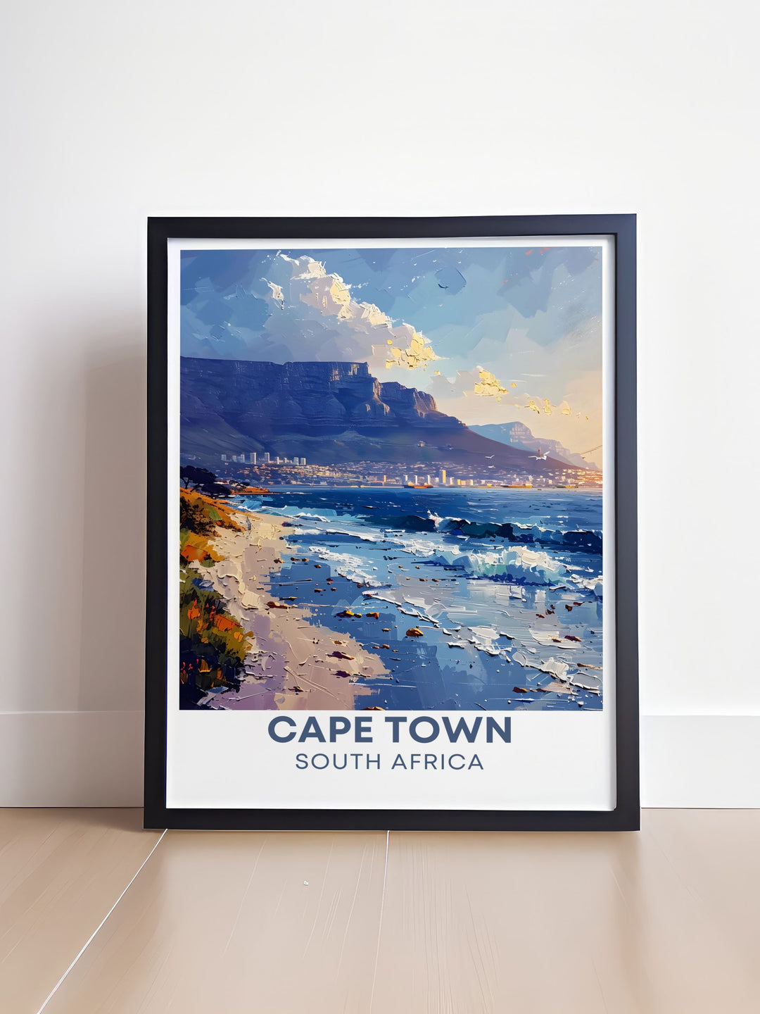 The captivating blend of rugged landscapes and urban vistas in Cape Town and Table Mountain is beautifully illustrated in this poster, making it a stunning addition to any wall art collection celebrating South Africa.