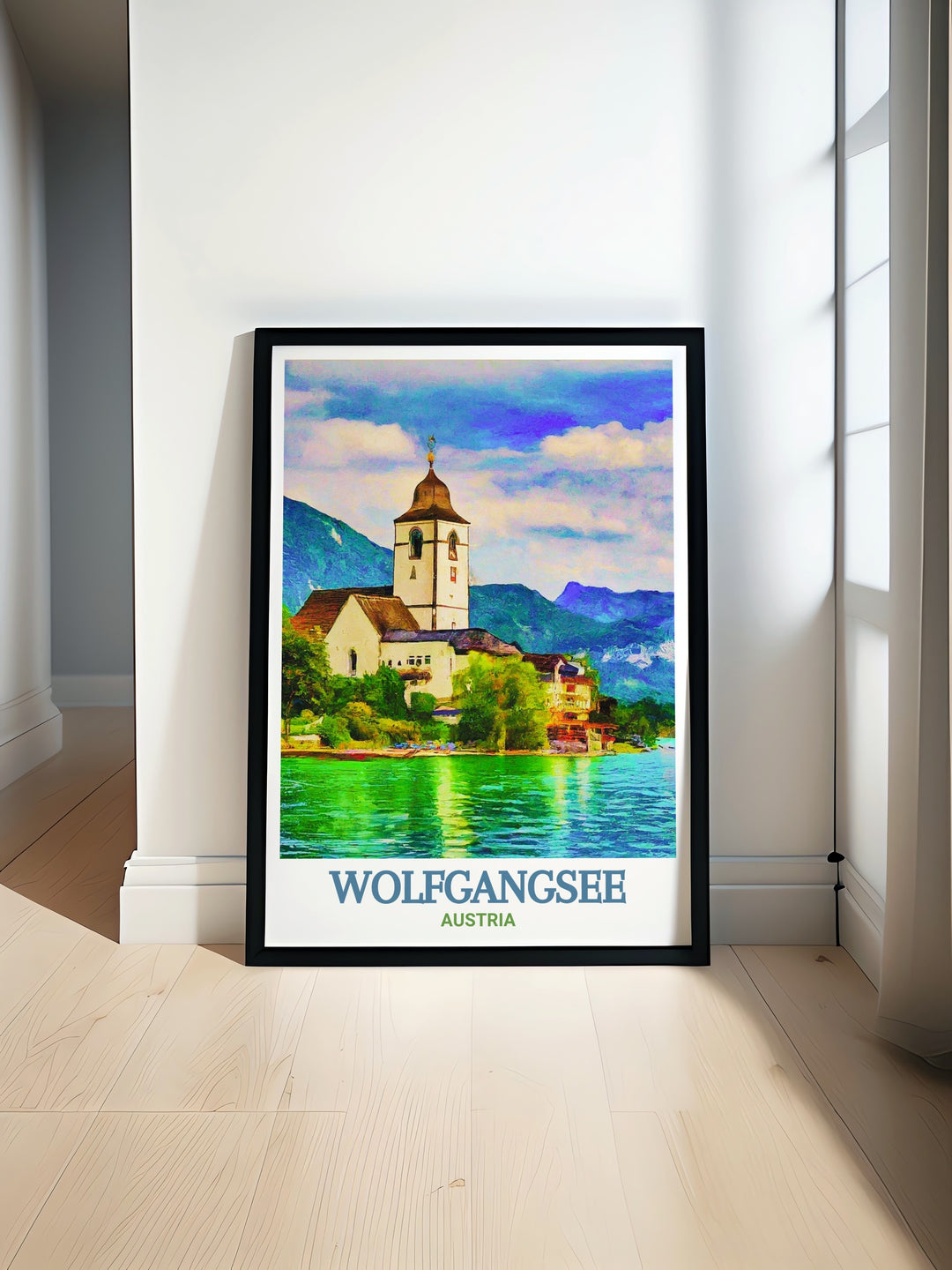 Scenic poster of Wolfgangsee and St. Wolfgang Church, featuring the picturesque views and serene environment. This artwork is perfect for adding a touch of Austrias natural beauty to your home, making it a great choice for anyone who appreciates fine art and travel.