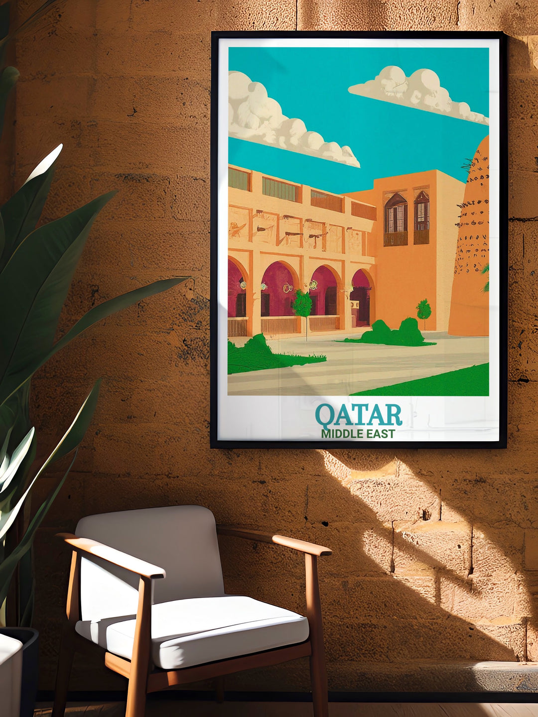 Art print of Katara Cultural Village in Qatar, offering a detailed and captivating portrayal of this Middle Eastern gem. Ideal for lovers of architecture and cultural heritage, this travel poster will enhance any art collection or personal decor. .