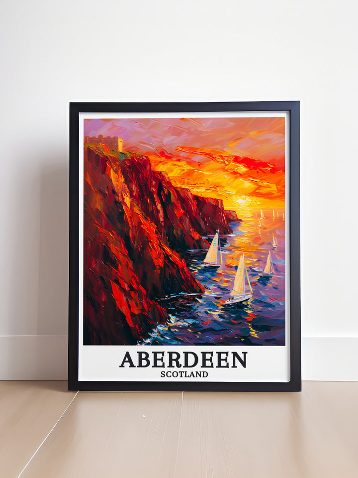 Aberdeen Wall Print highlighting the unique connection between Dunnottar Castle, the North Sea, and the city of Aberdeen. This travel print combines historical and natural elements to create a captivating visual experience for those who love Scotlands rich heritage