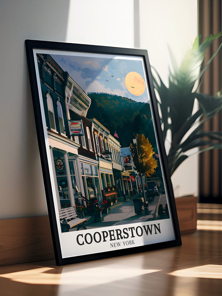 Celebrate the charm of Cooperstown with this canvas art print, featuring Main Streets delightful combination of history and small town beauty. Ideal for decorating a living room or office with memories of New York.