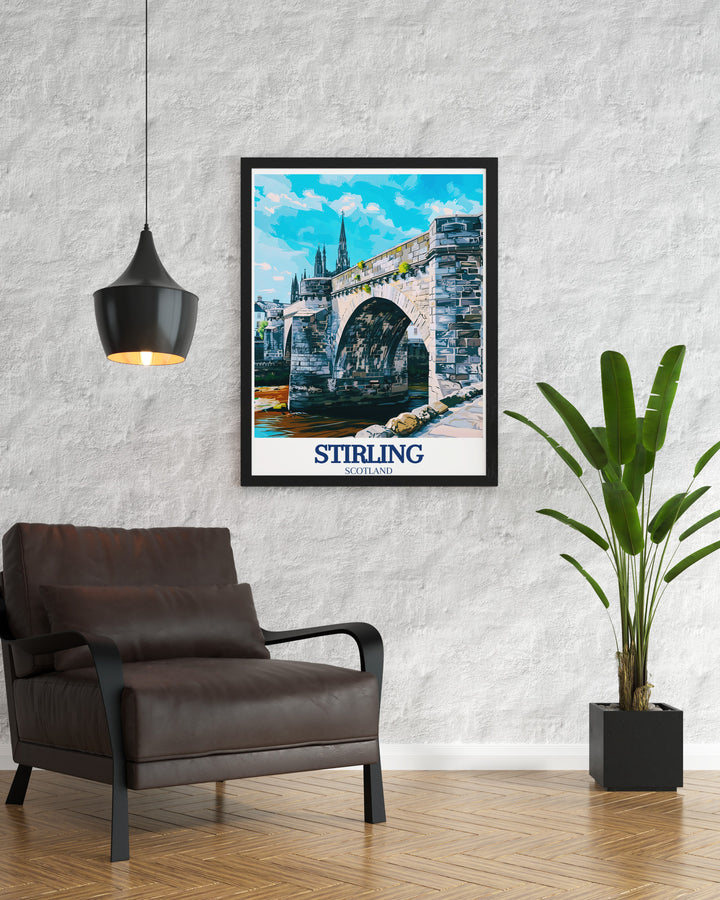 A detailed travel print of Stirling Castle, Stirling Bridge, and Abbey Craig, this artwork is ideal for lovers of Scottish history and architecture. The vibrant colors and fine details make it perfect for adding a touch of Scotlands beauty to any room.