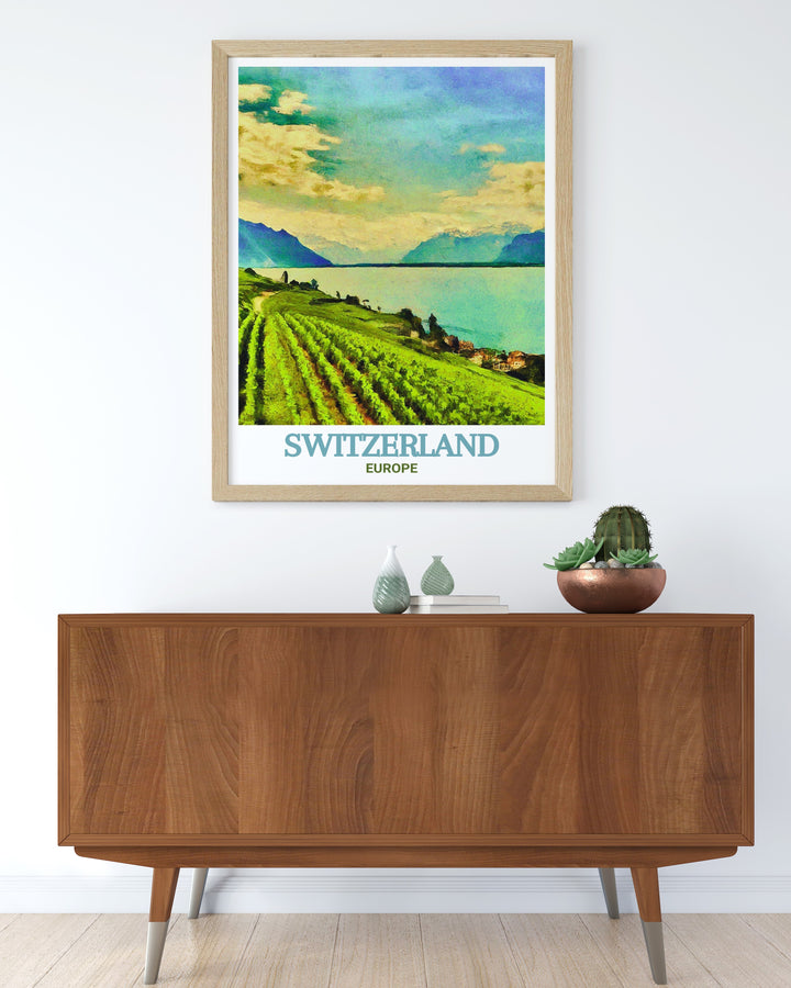 Switzerland poster showcasing Lake Geneva with the stunning Swiss Alps and the serene waters. Ideal for those who appreciate natural beauty and scenic vistas. Perfect for adding a touch of Swiss charm to your decor.