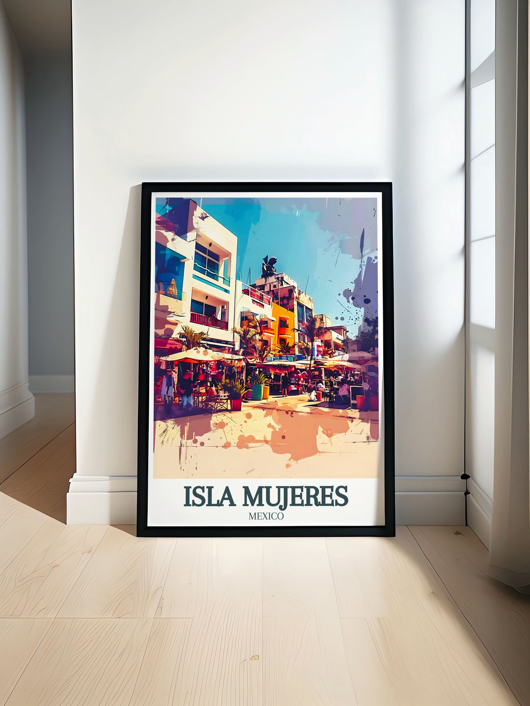 Black and white fine line print of Isla Mujeres map featuring Centro, Avenida Miguel Hidalgo ideal for modern home decor and living room wall art elegant Isla Mujeres print showcasing the vibrant cityscape.