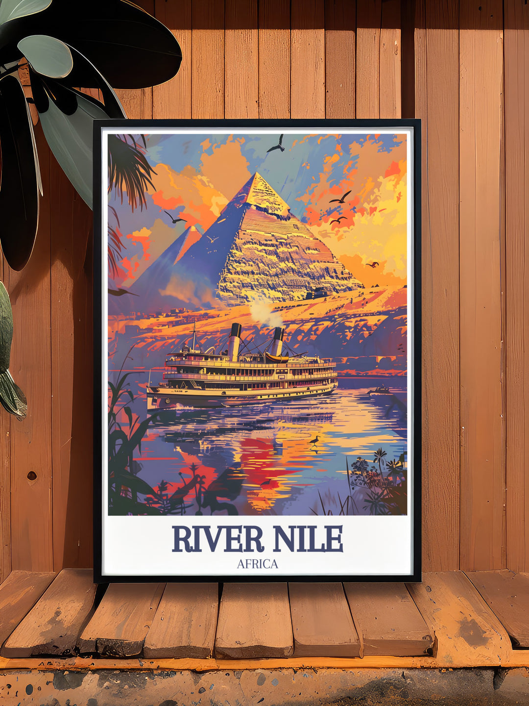 This River Nile Print presents a breathtaking view of one of Egypts most famous rivers as it flows by the Pyramids of Giza. With its vivid colors and detailed artistry, the print is an excellent way to bring a touch of Egypt into your home, office, or gallery space.