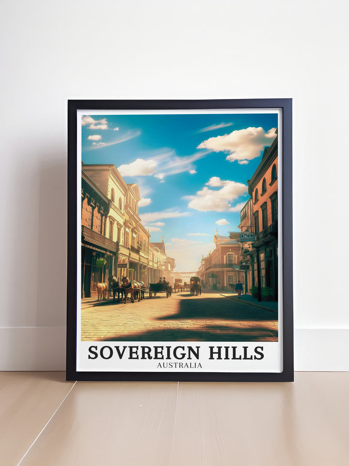 Elegant Sovereign Hill travel print that brings the charm of Ballarats Main Street into your home, a unique gift for anyone fascinated by the history of New Zealand and Australia