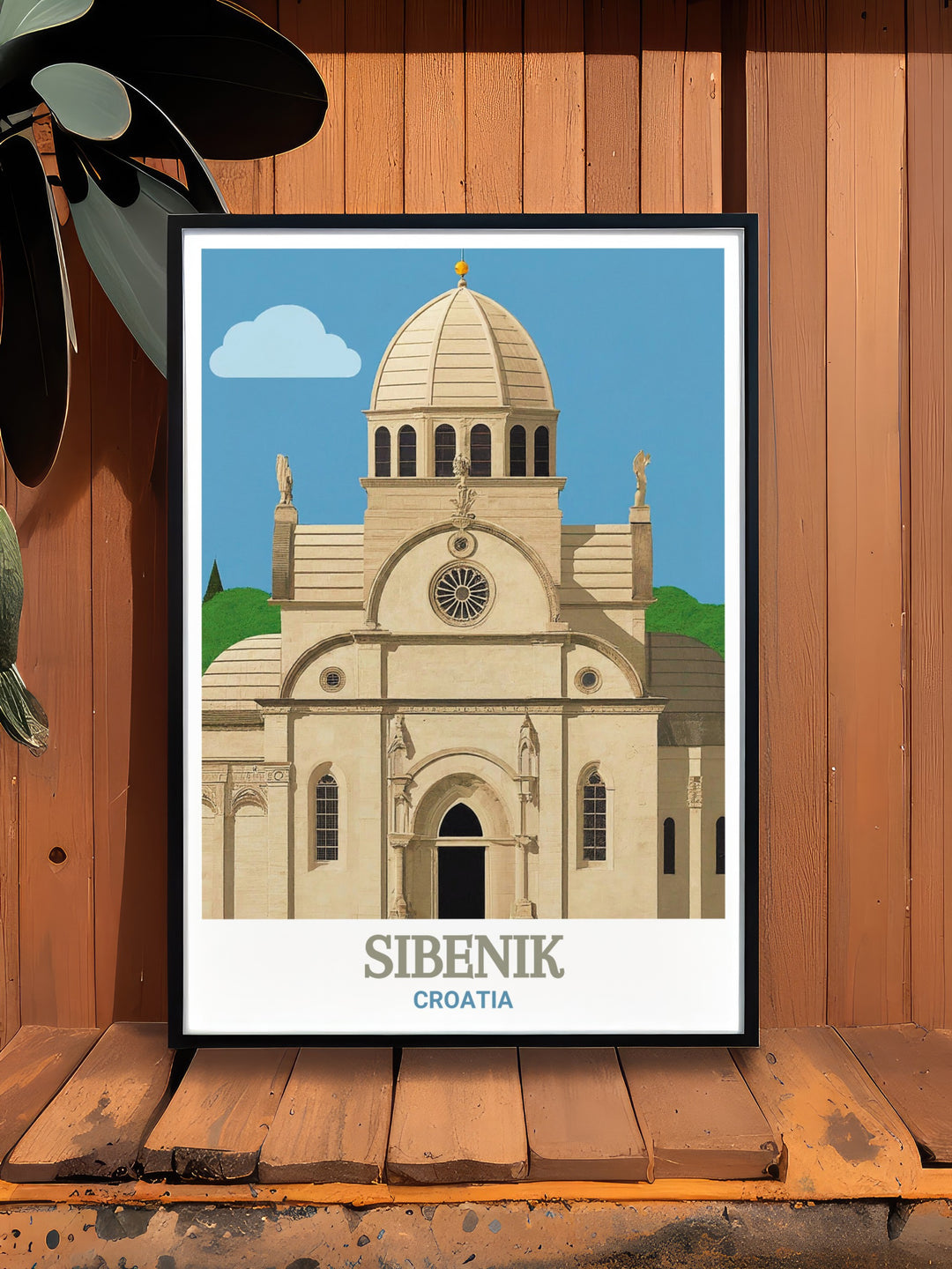 Wall art depicting Sibenik and St. James Cathedral, Croatia, highlighting the intricate details of the cathedrals stone facade and the scenic beauty of the town. This print is perfect for adding a touch of Croatian charm and history to any living space, making it a meaningful piece for those who appreciate architecture.