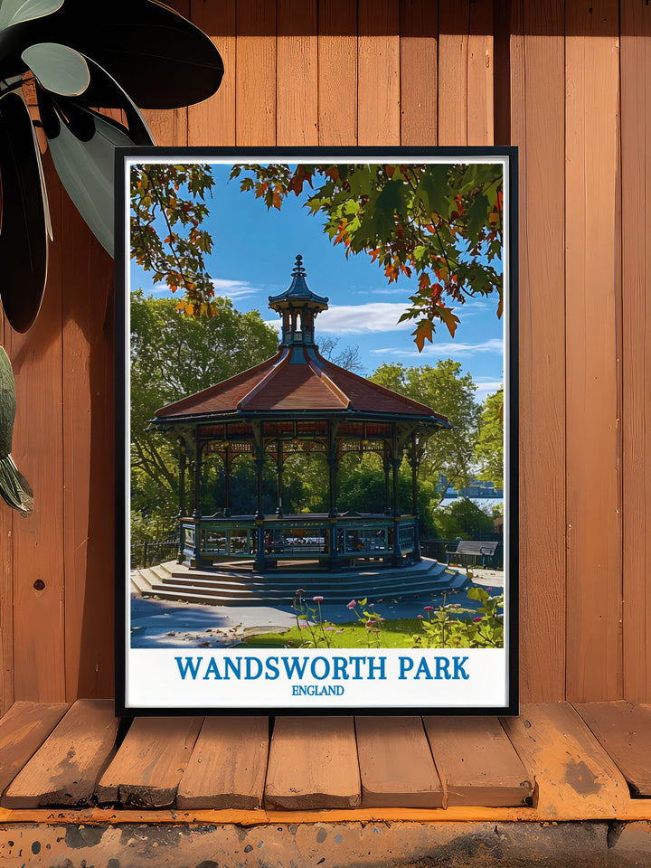 The peaceful vistas of Wandsworth Park, captured in this vintage style poster, evoke the charm and serenity of Londons historic green spaces. Ideal for history buffs and art lovers who appreciate the timeless elegance of the citys parks, this artwork brings a piece of Londons past into modern decor, blending old and new beautifully.