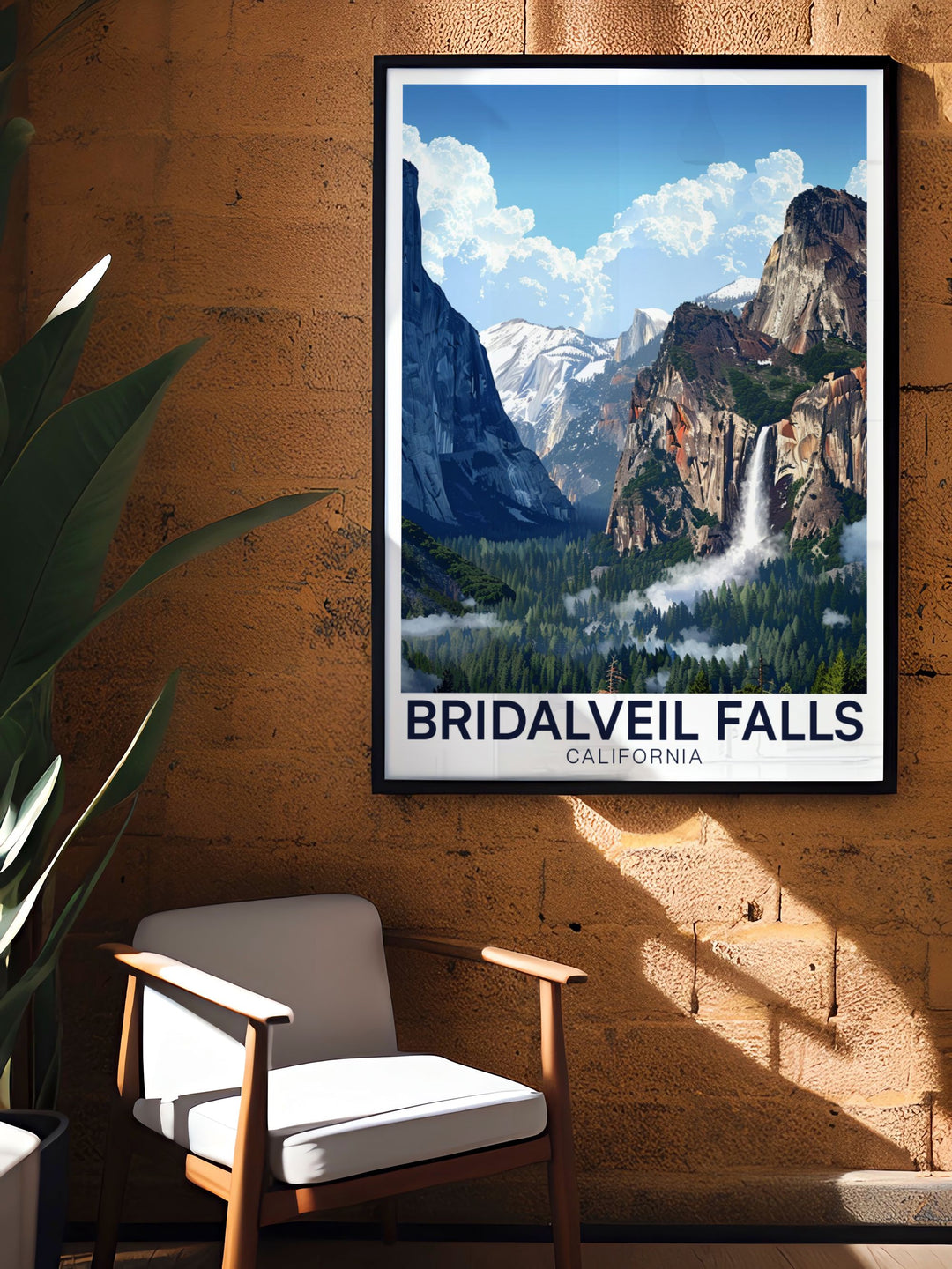 View from Tunnelview travel poster featuring Bridalveil Falls a stunning piece of California artwork that captures the essence of Yosemite National Park. Perfect for nature lovers and those who appreciate California decor this print adds elegance to any room.