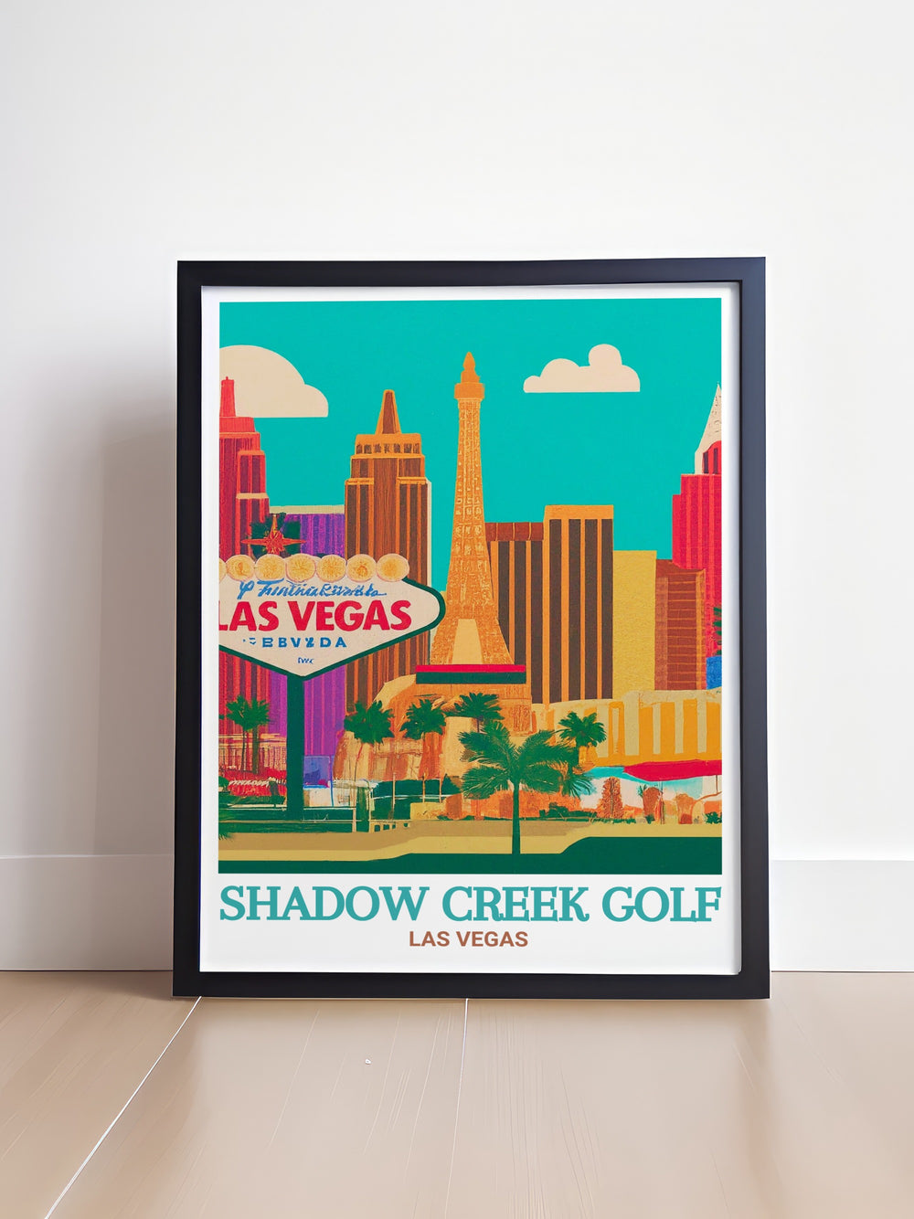 Wall Art capturing the elegance of Shadow Creek Golf Courses lush fairways and serene water features in Las Vegas. The print highlights the intricate details of the courses design, offering a glimpse into the world of exclusive golf courses. This golf wall art is a wonderful way to bring the luxury of Las Vegas golf into your home, making it an excellent choice for a sophisticated and stylish interior.