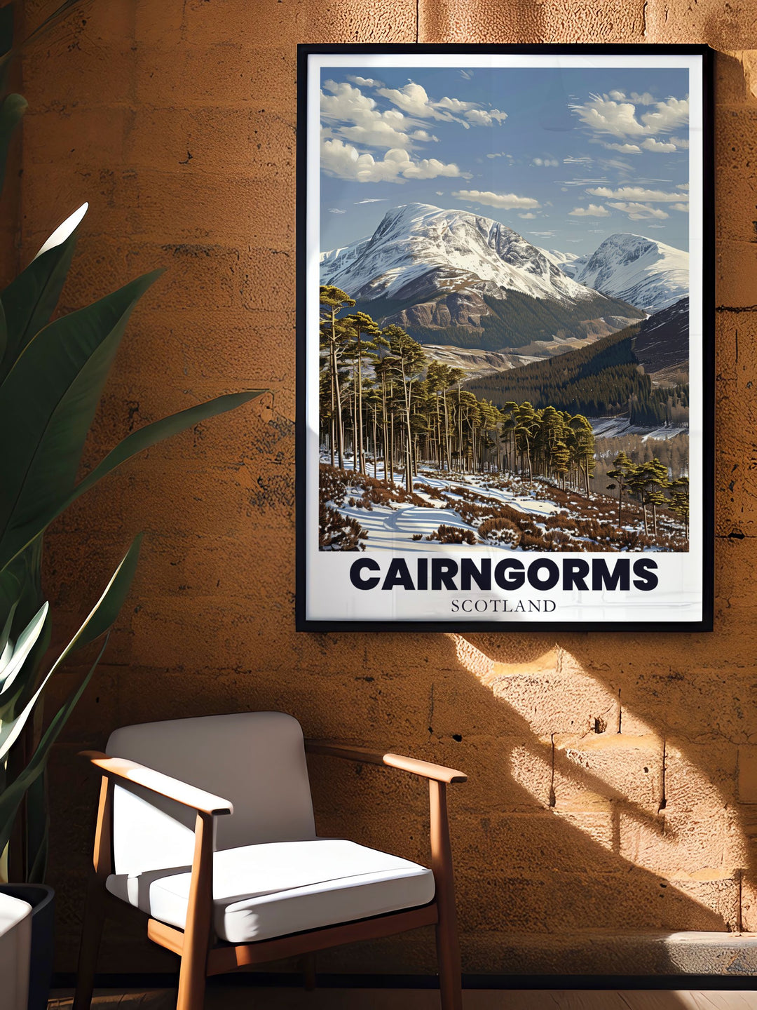 Stunning travel poster of the Cairngorms mountain range featuring abstract mountains and a highland wilderness artwork that captures the serene yet rugged beauty of Scotland making it an ideal addition to any room in your home
