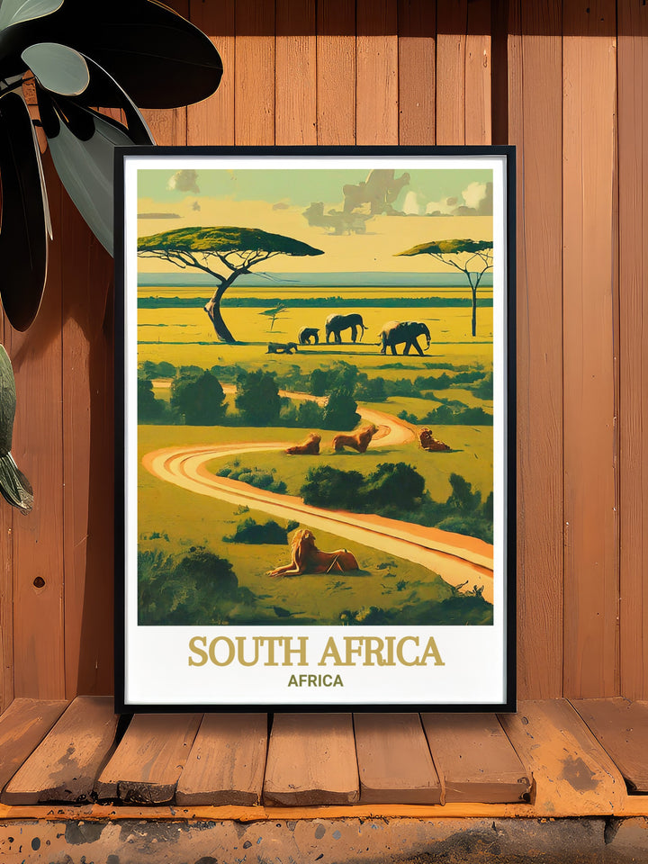 Lions Head travel poster depicting the striking profile and panoramic views of Cape Town. This print celebrates the unique geography and stunning vistas, making it a perfect addition to your collection of scenic South African landscapes.