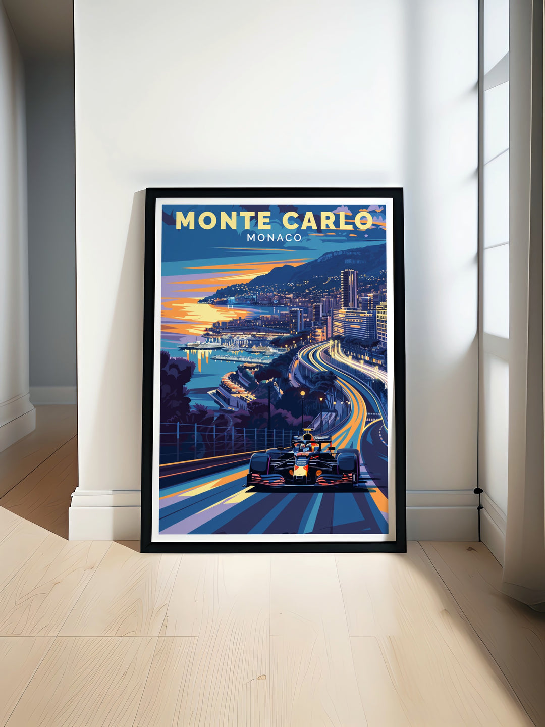 Grand Prix Poster Print celebrates the timeless excitement of the Monaco Grand Prix, set against the luxurious backdrop of Monte Carlo. This travel print is ideal for motorsport fans who want to bring a piece of Monacos racing heritage into their home.