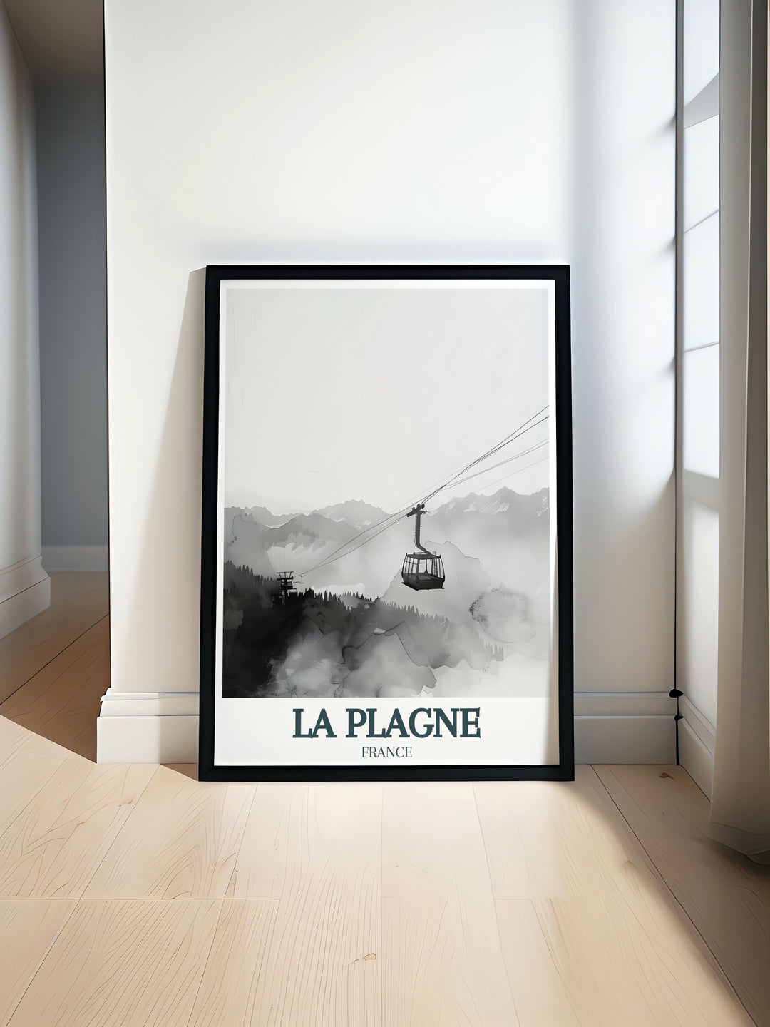 La Plagne Travel Poster showcasing the stunning Belle Plagne Alps offers a vibrant depiction of Frances renowned ski resort. Perfect for decorating homes with a love for skiing and French mountain landscapes.