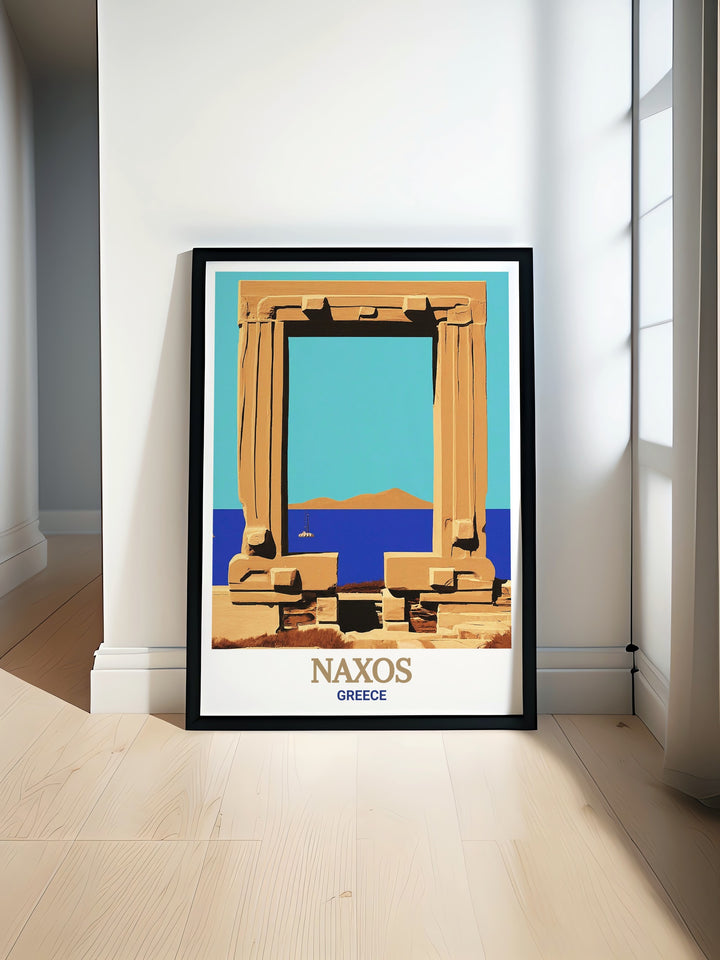 Naxos Poster Print showcasing the iconic Portara in Naxos Greece perfect for enhancing your home decor with a touch of ancient history and Mediterranean charm this stunning print is a must have for lovers of Greek culture and timeless architecture