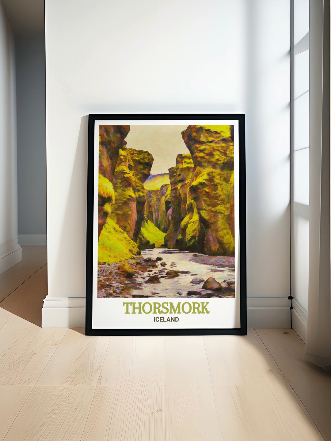 A beautiful view of Thorsmork and the hidden gem of Stakkholtsgjá Canyon, captured in a detailed artwork perfect for nature enthusiasts and adventurers.