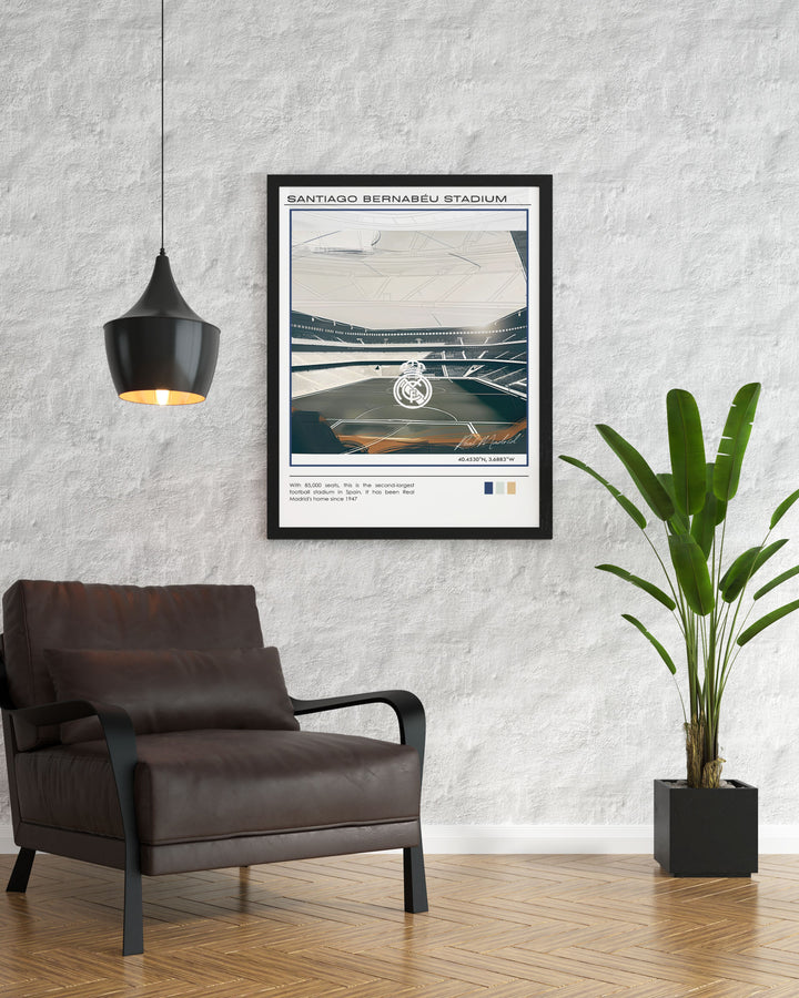 Digital download of Real Madrid Poster with Jude Bellingham at The Santiago Bernabeu an ideal piece of minimalist artwork for sports enthusiasts and elegant home decor