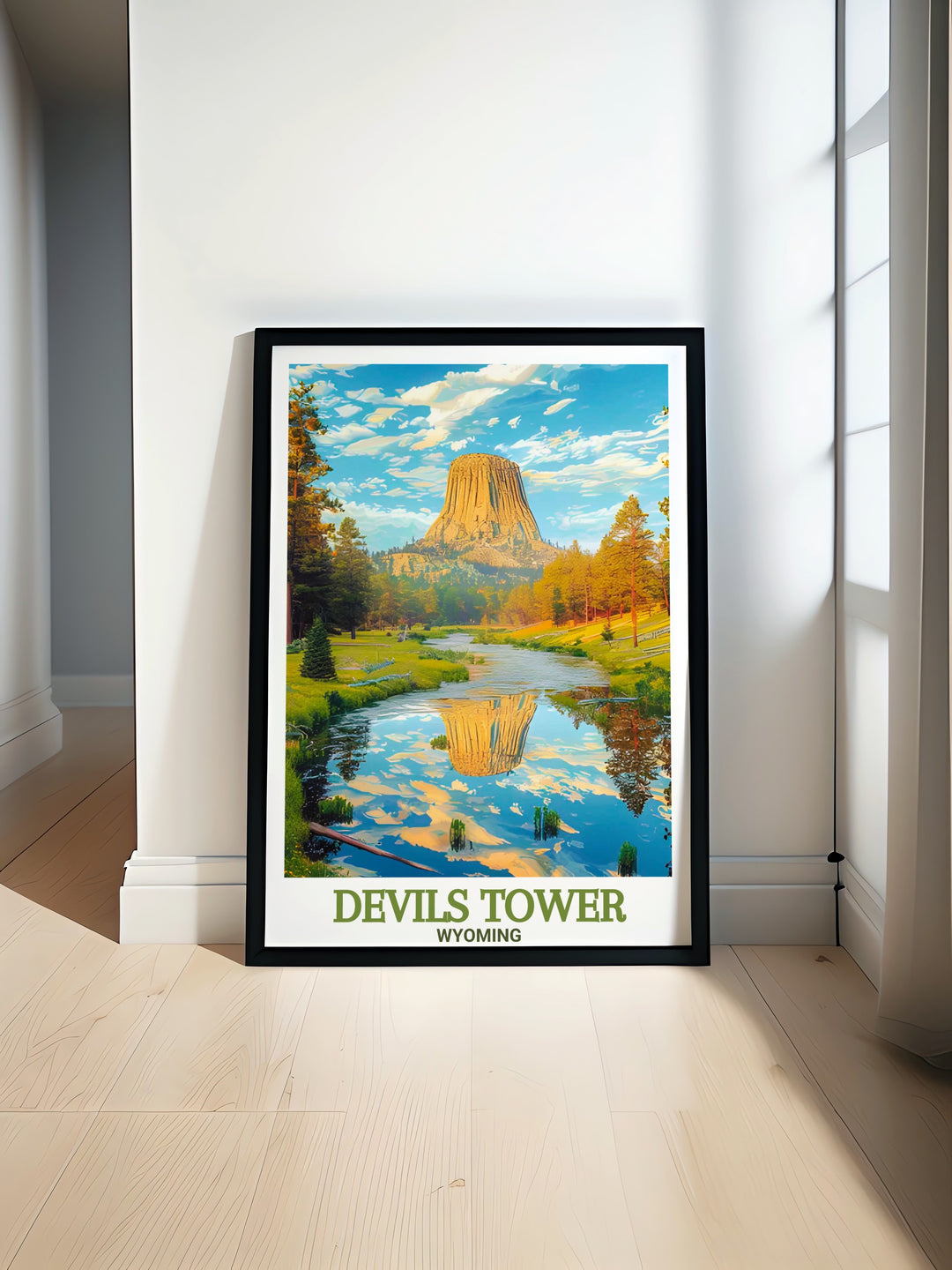 A beautiful Devils Tower art print featuring the stunning Belle Fourche River perfect for adding Wyoming landmark decor to your home. The Devils Tower poster showcases breathtaking views of the natural wonder paired with the serene flow of Belle Fourche River.