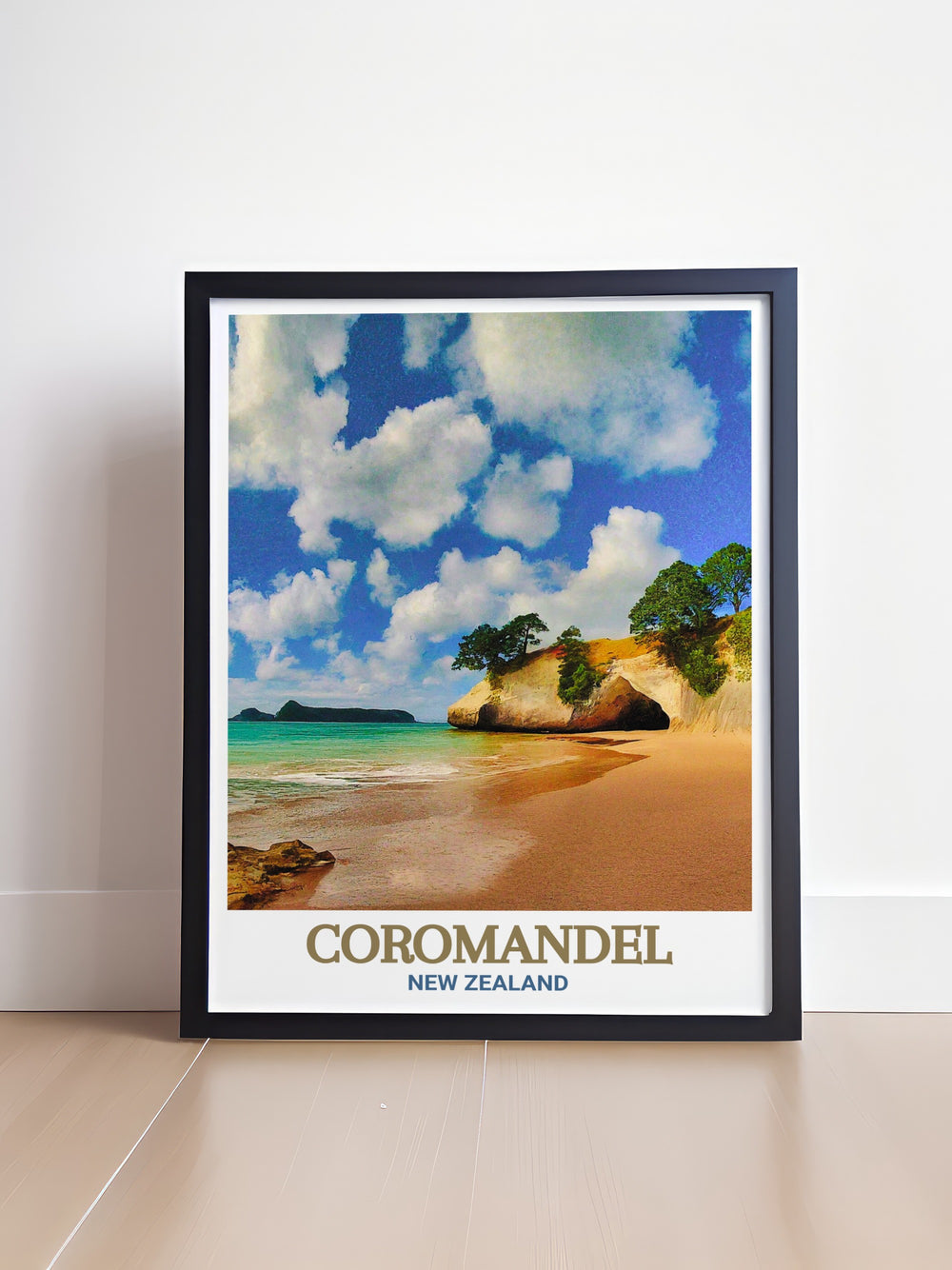 Detailed art print of Cathedral Cove in Coromandel, New Zealand, showcasing the natural rock archway, pristine beach, and lush greenery, perfect for adding a touch of coastal elegance to any home decor, available from MapYourDreams.