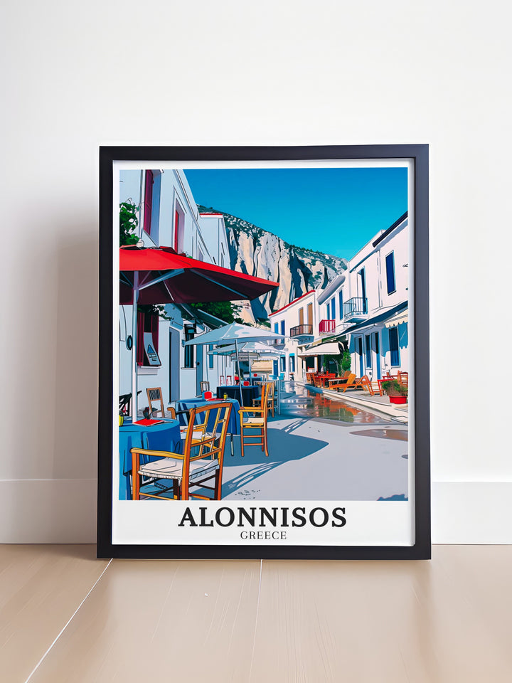 Alonnisos poster print featuring the picturesque Old Town and Aegean cliffs of this beautiful Greek island. The artwork captures the charm of the Old Towns narrow streets and the stunning natural beauty of the cliffs overlooking the sea.