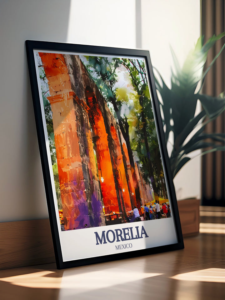 This Morelia art print highlights the stunning Morelia Aqueduct, a masterpiece of colonial architecture, alongside the tranquil Avenida Acueducto. Ideal for lovers of historic landmarks and Mexican culture, this poster brings Morelias beauty to life.