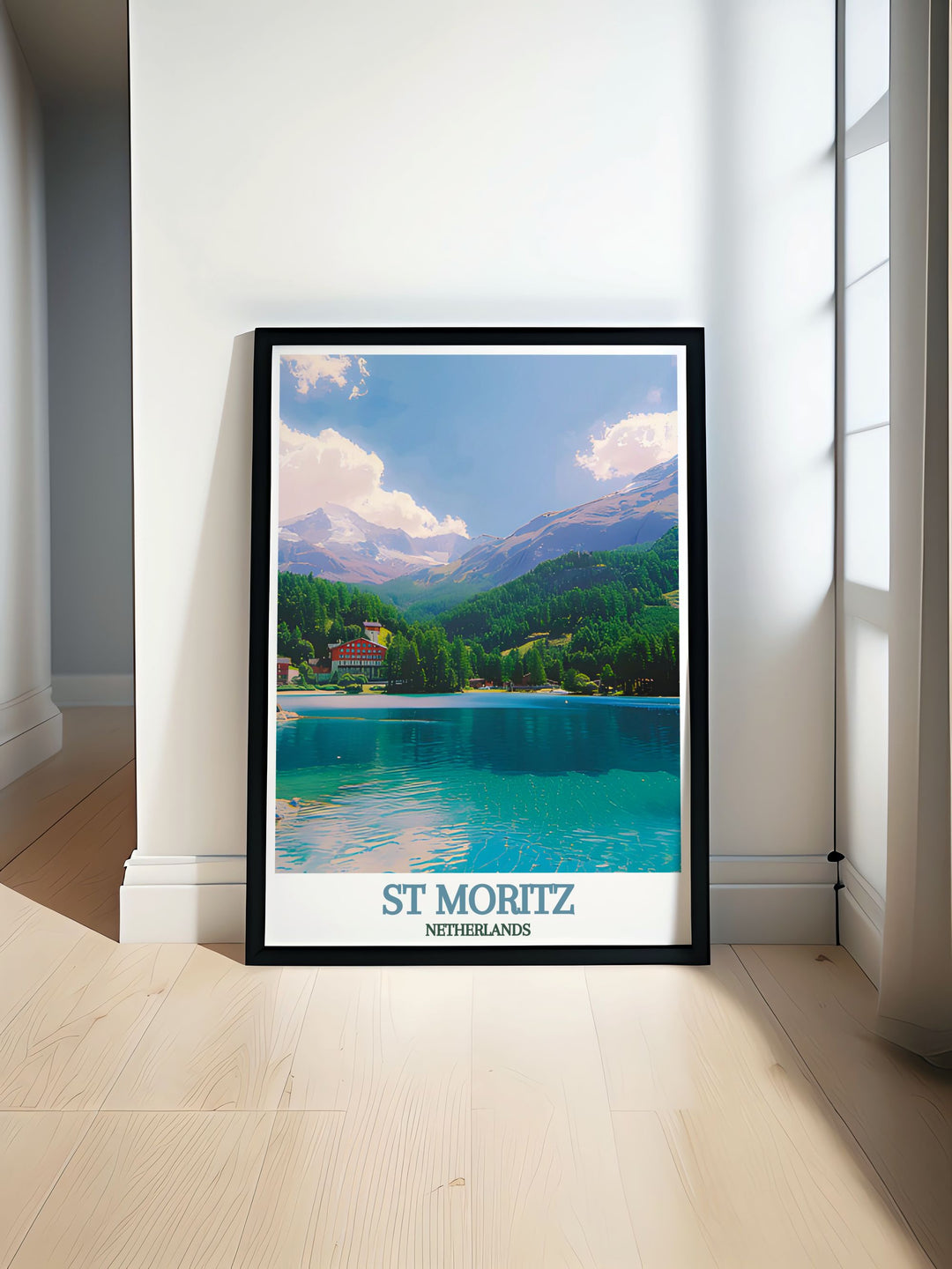 This St Moritz travel poster captures the magic of Lake St. Moritz, set against the backdrop of the majestic Alps. Perfect for anyone who loves Switzerland, skiing, or travel, this print is a wonderful way to bring the outdoors into your living space.