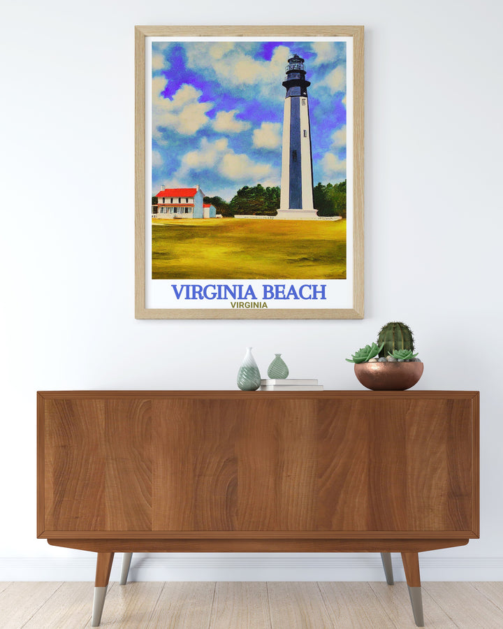 Elegant Virginia Beach wall art with a detailed city print and Cape Henry Lighthouse ideal for brightening up living rooms bedrooms or offices making it a thoughtful and stylish gift for friends and loved ones