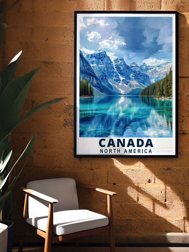 Highlighting the serene vistas of Banff National Park and the tranquil Lake Louise, this travel poster is perfect for those who appreciate the scenic and historical richness of Canada.