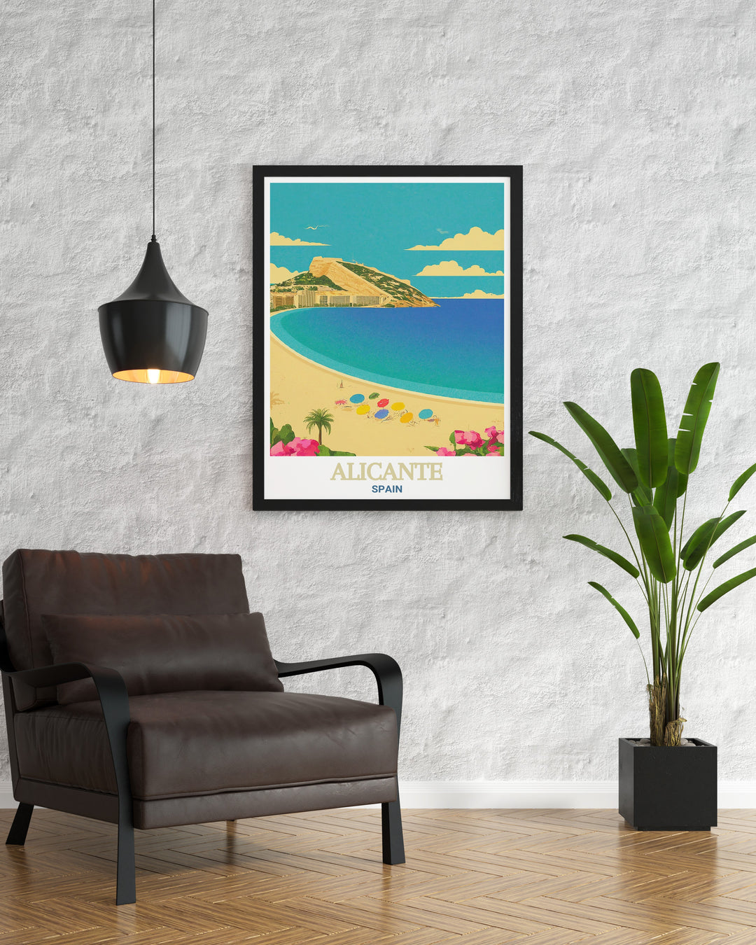 Framed print of Playa del Postiguet highlighting the beautiful views of the Mediterranean Sea and palm tree lined promenade. A great gift for those who appreciate beaches and vibrant lifestyles, this artwork captures the essence of Alicantes iconic beach. Perfect for enhancing your home decor.