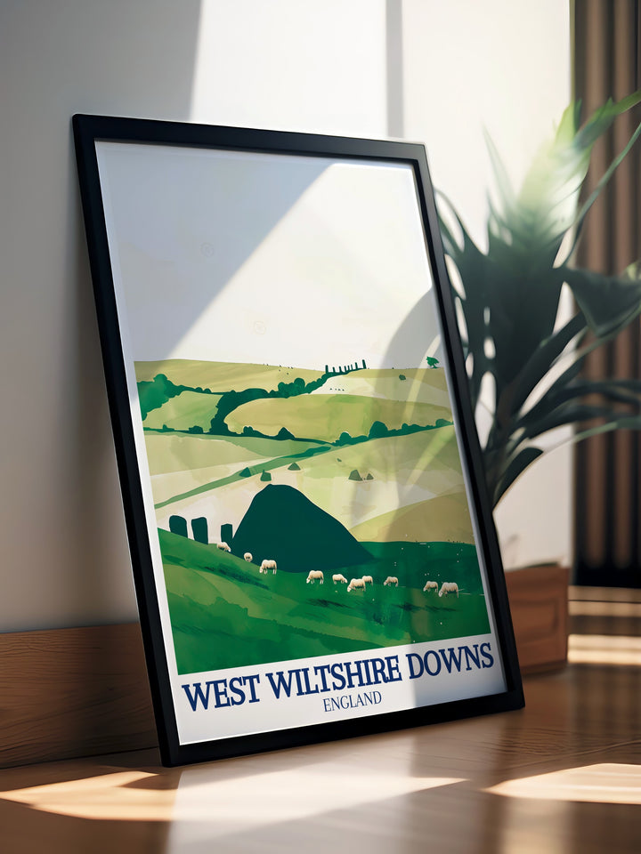 Beautiful framed print of Silbury Hill and Avebury Henge highlighting the picturesque landscape of Wiltshire Downs AONB an excellent addition to any modern home decor collection