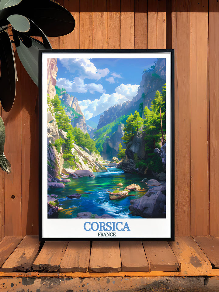 Beautifully crafted Restonica Gorge framed print showcasing the stunning landscapes of Corsica France an ideal piece for any art collection perfect for enhancing your home decor with natural beauty