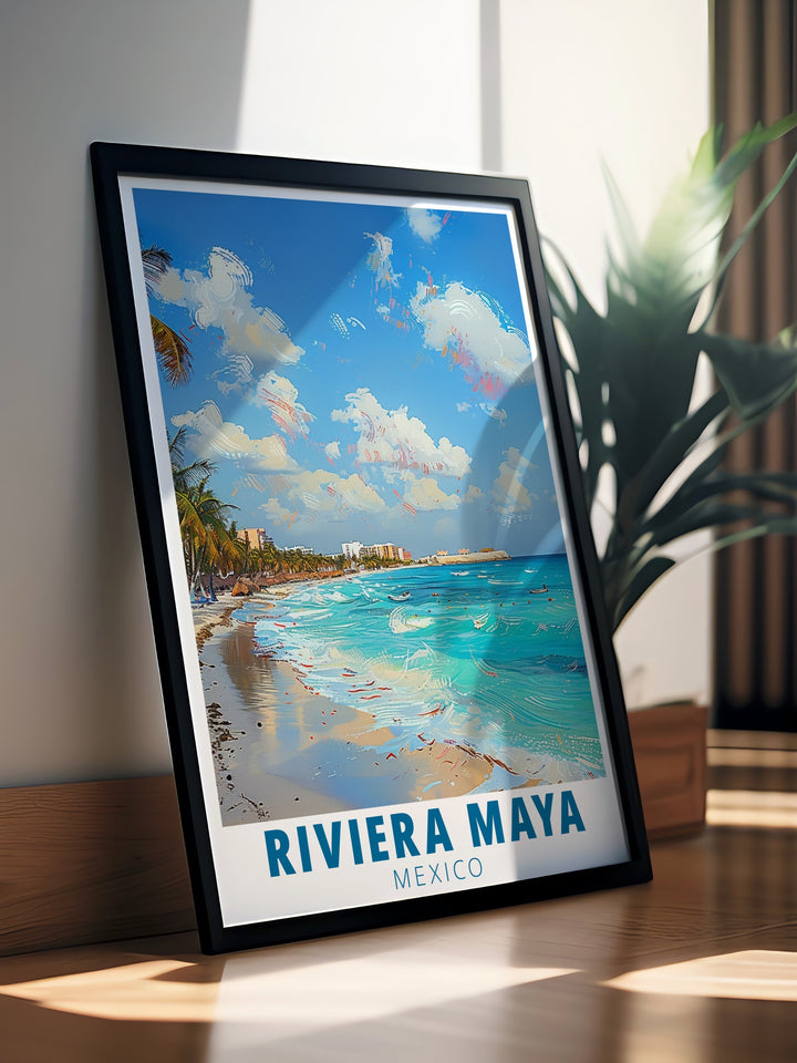 Celebrate the beauty of the Riviera Maya with this detailed travel print. Playa del Carmens beaches and the lush greenery of Mexicos coastline are depicted in rich, bold colors, ideal for beach themed decor.