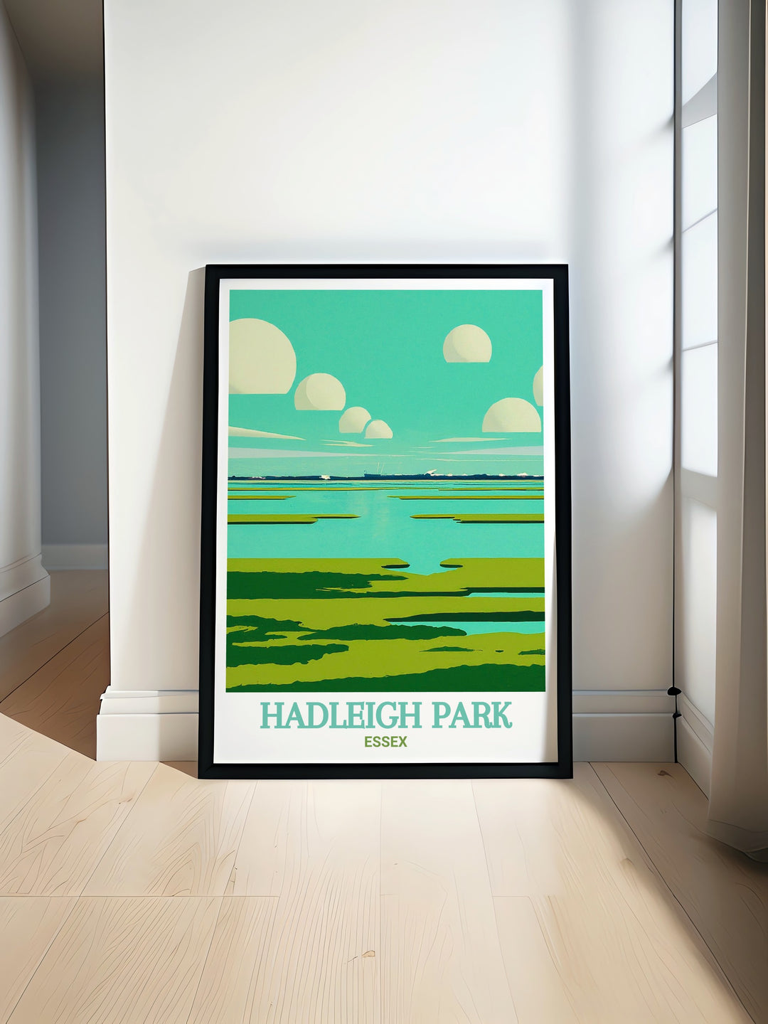 Cycling wall art of Hadleigh Park with the Thames Estuary backdrop in Essex. Perfect for home decor and gifts. The detailed illustrations and vibrant colors make this artwork a stunning addition to any space, celebrating the beauty and thrill of mountain biking.