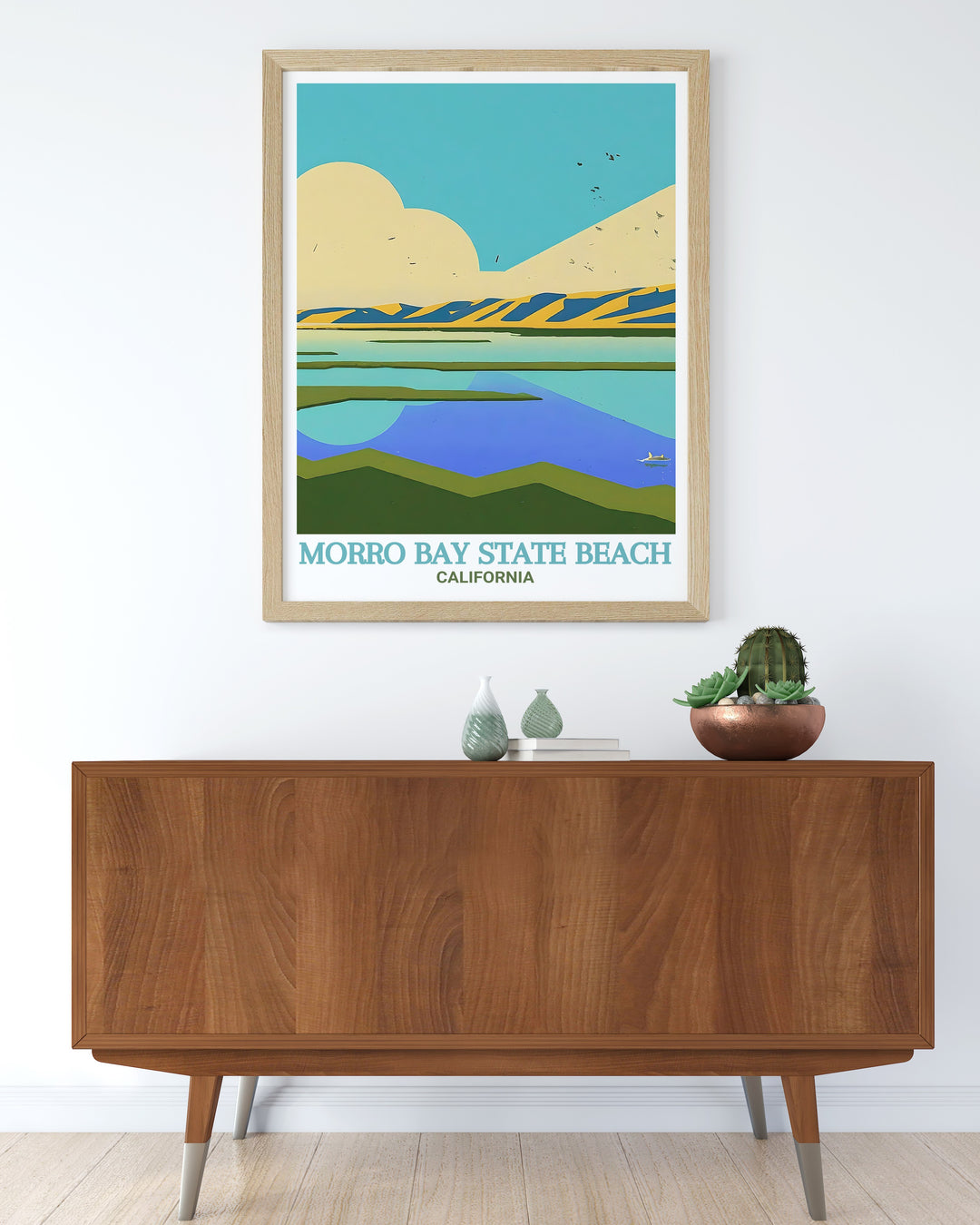 Featuring the serene Morro Bay Estuary and the picturesque Morro Bay State Beach, this travel print offers a detailed representation of Californias coast. Its vivid colors and fine line details make it a beautiful addition to your wall decor.