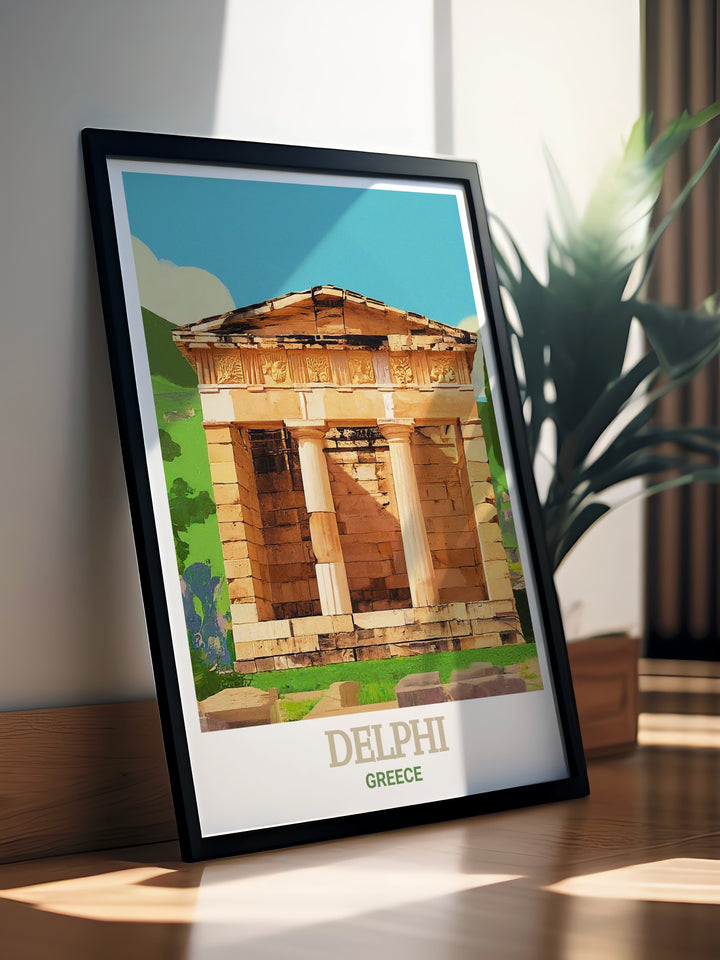 Greece travel print highlighting the ancient site of Delphi, with the Athenian Treasury as a central feature. This wall art is a perfect addition to any collection of Greece art, celebrating the timeless beauty and historical importance of this iconic location.