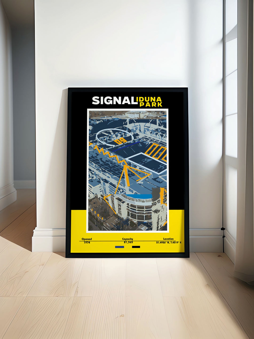 The Marco Reus Poster brings the excitement of Borussia Dortmund to your home with a vibrant depiction of Signal Iduna Park perfect for fans of Dortmund football and stars like Julian Brandt and Karim Adeyemi