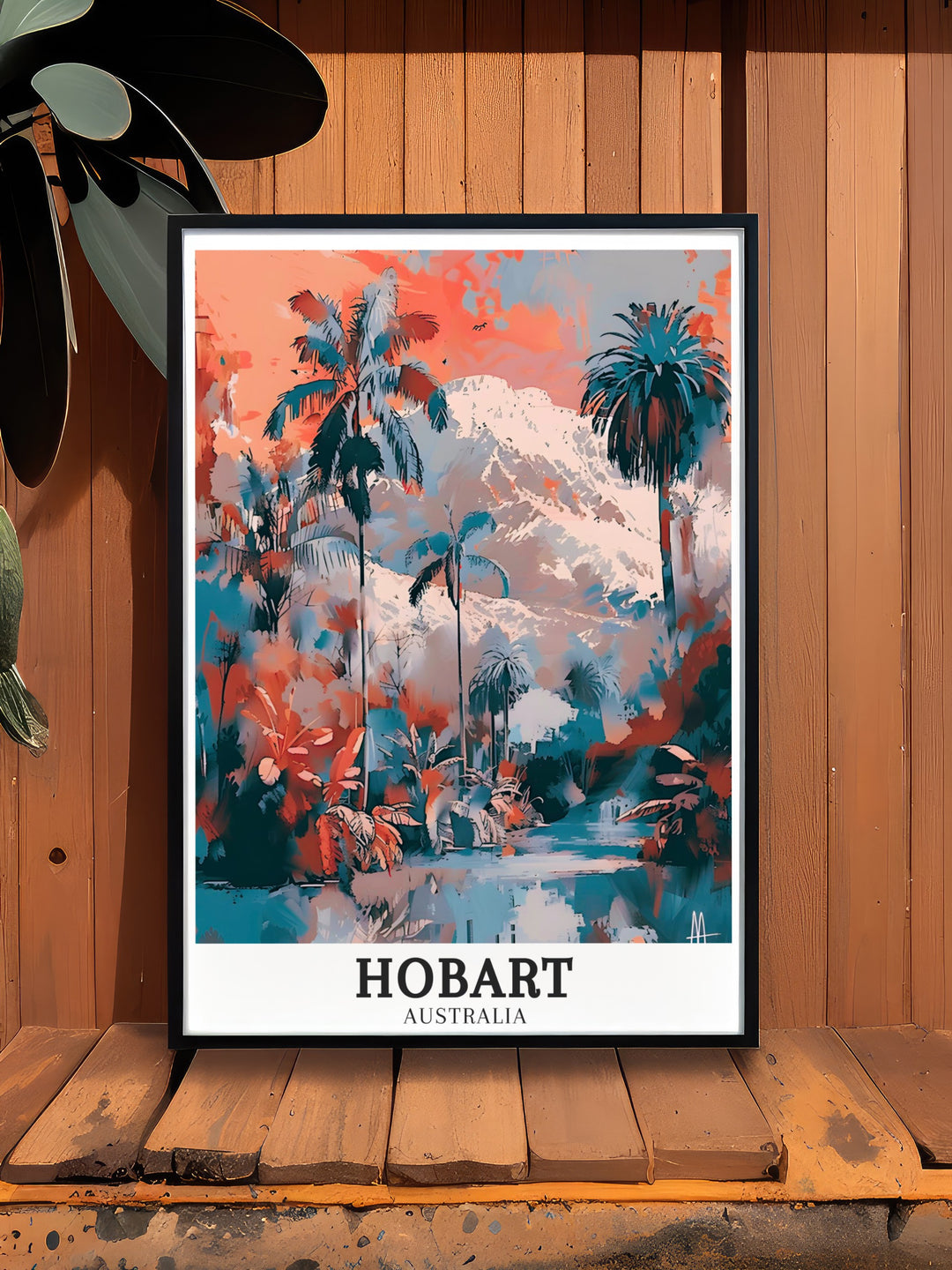 Elegant Hobart travel print portraying the serene landscapes of the Royal Tasmanian Botanical Gardens with Mount Wellingtons dramatic presence in the background. This artwork brings the charm of Tasmanias capital into your living space