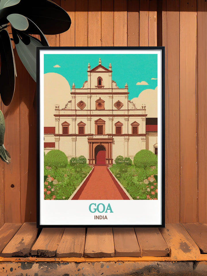 A detailed India travel print showcasing the Basilica of Bom Jesus in Goa, known for its impressive Baroque design and historical significance. This print brings the grandeur and beauty of one of Indias most famous landmarks into your living space, ideal for history lovers and art enthusiasts.