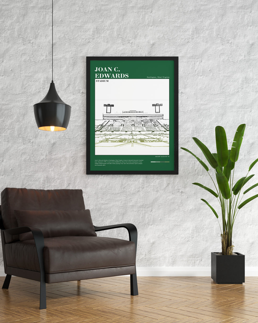 This Joan C Edwards Stadium art print brings Marshall football energy into any space. Featuring the Thundering Herd in action it makes an ideal addition to your home decor or dorm room capturing the excitement of NCAA football and the history of Marshall University.