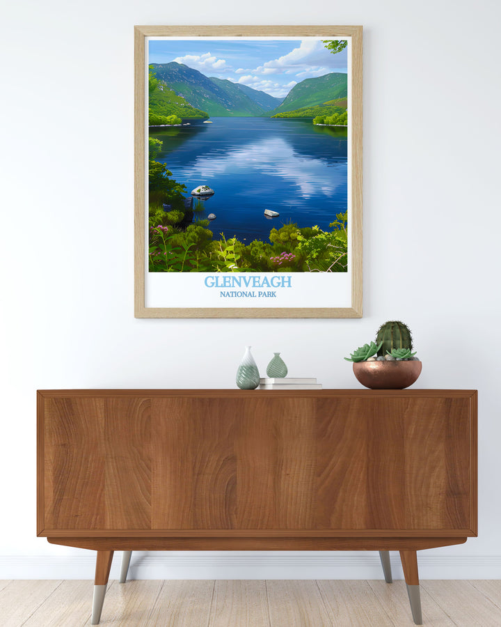 Framed art print of Lough Veagh, highlighting its tranquil beauty and serene setting, making it an ideal piece for those who love the natural wonders of Ireland.